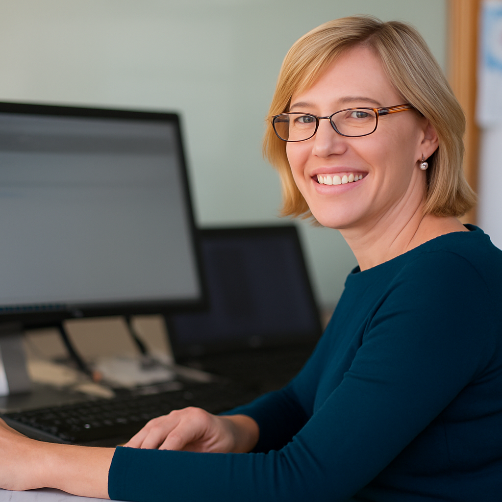Mitarbeiterin am Schreibtisch vor dem PC – zuständig für Kundenservice, Verwaltung und persönliche Beratung