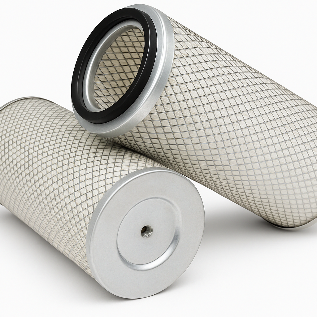 Zwei zylindrische Patronenfilter mit Metallgitter und Dichtlippe – geeignet für Luftfiltration in Industrieanlagen.