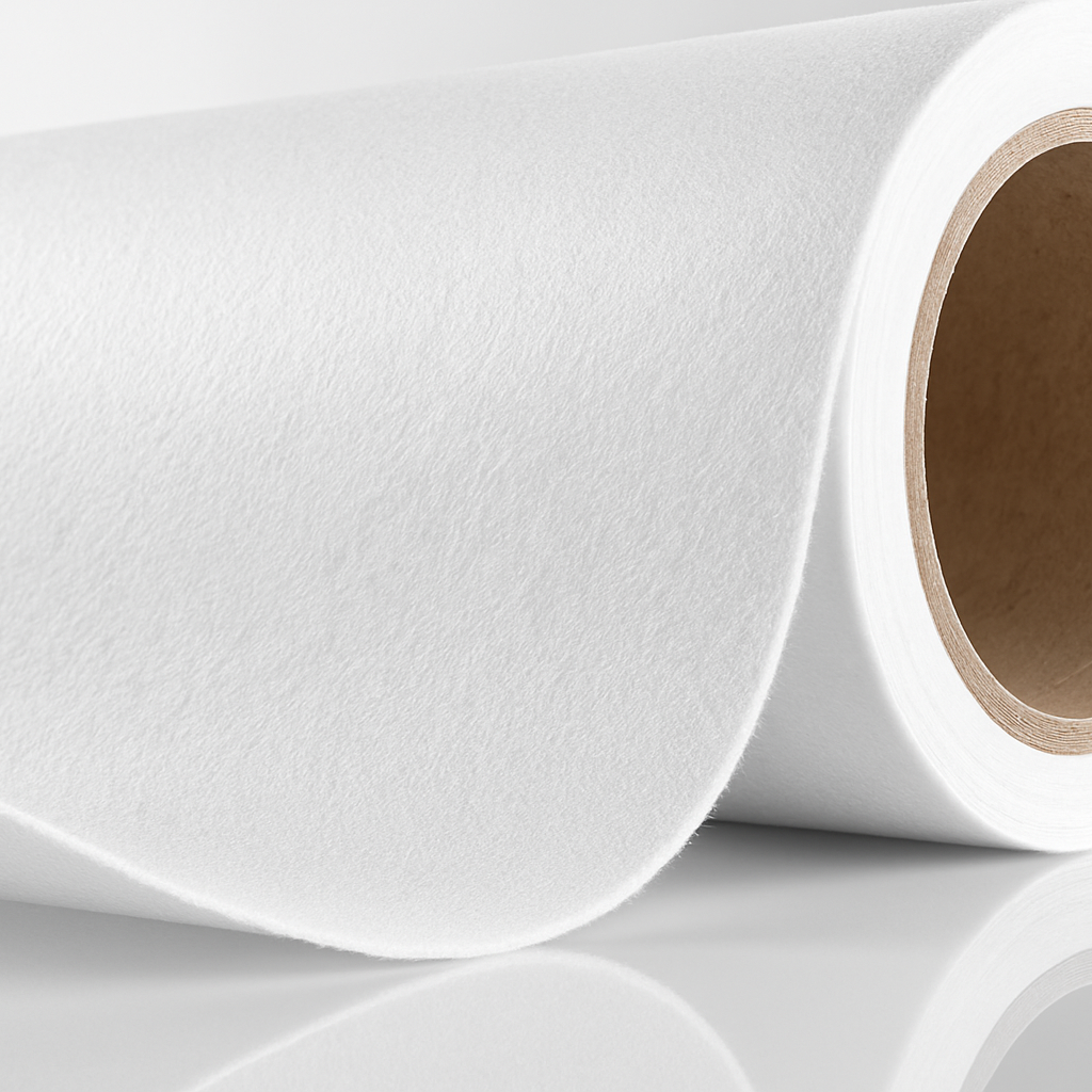 Weiße Vliesrolle aus technischem Filtermaterial – für präzise Filtration von Luft oder Flüssigkeiten in industriellen Anwendungen.